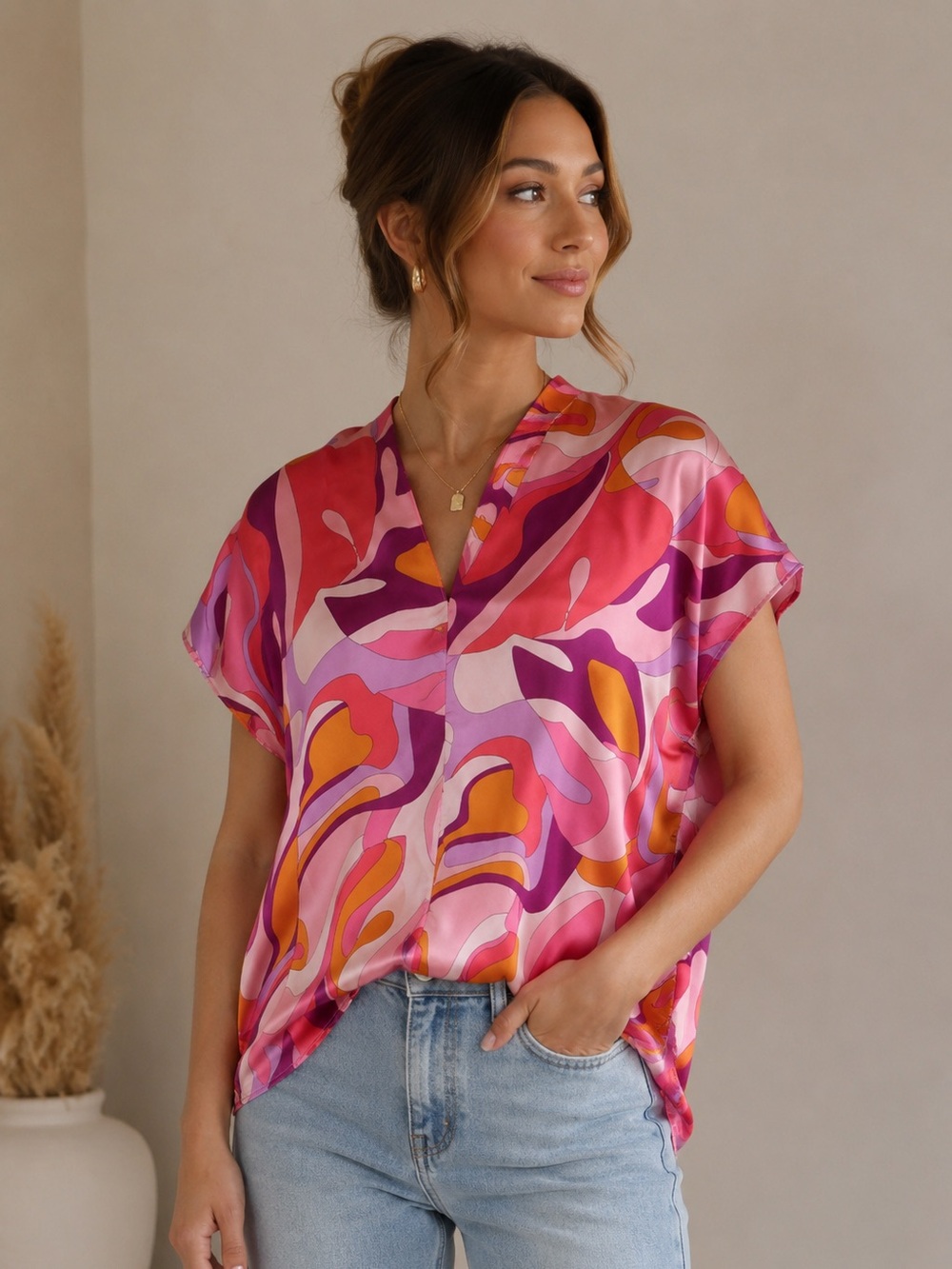 ADRIENNE Flowy Satin Retro Abstract Print Blouse Size L 70s Hippie Bold Artsy
